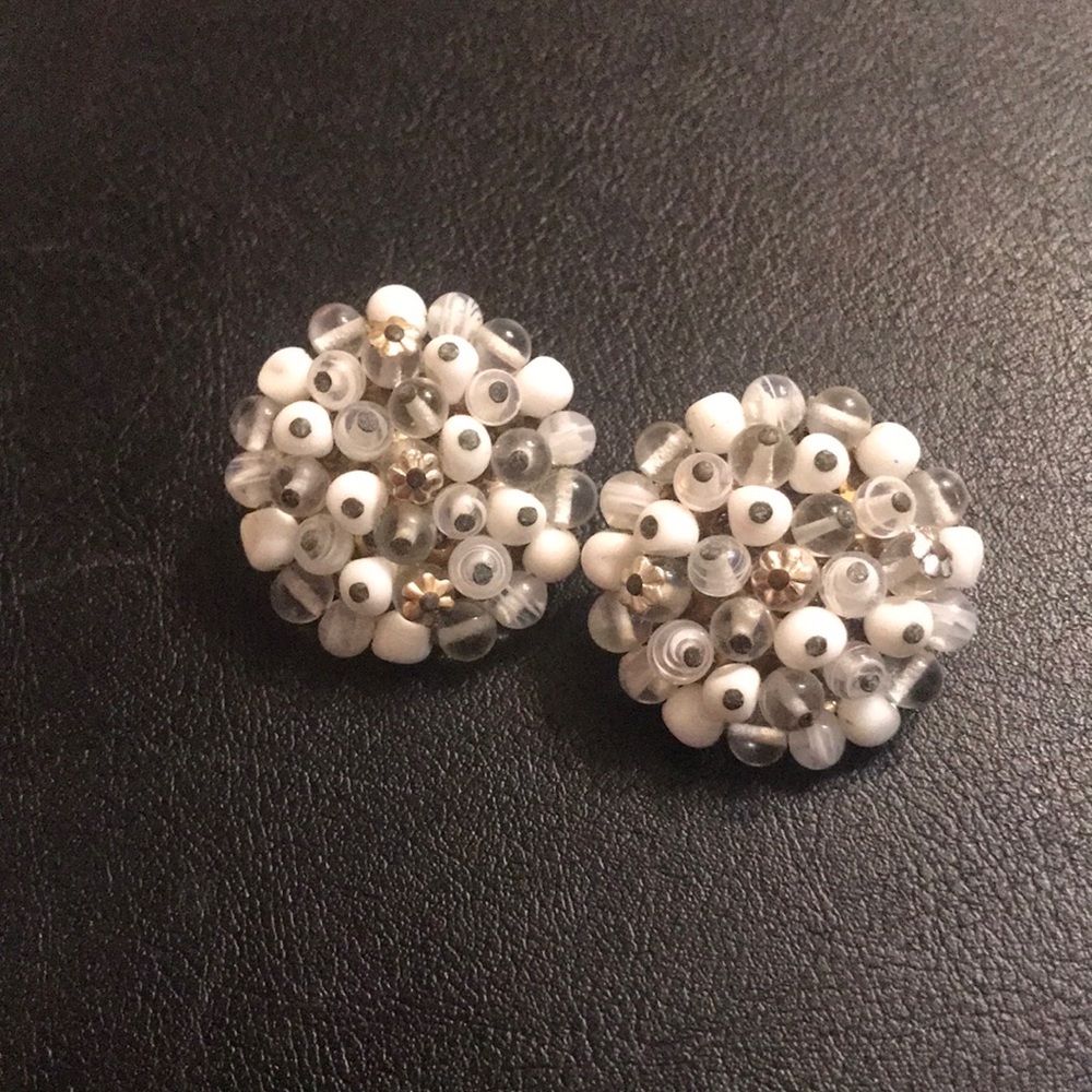 Vintage White Glass bead cluster earrings